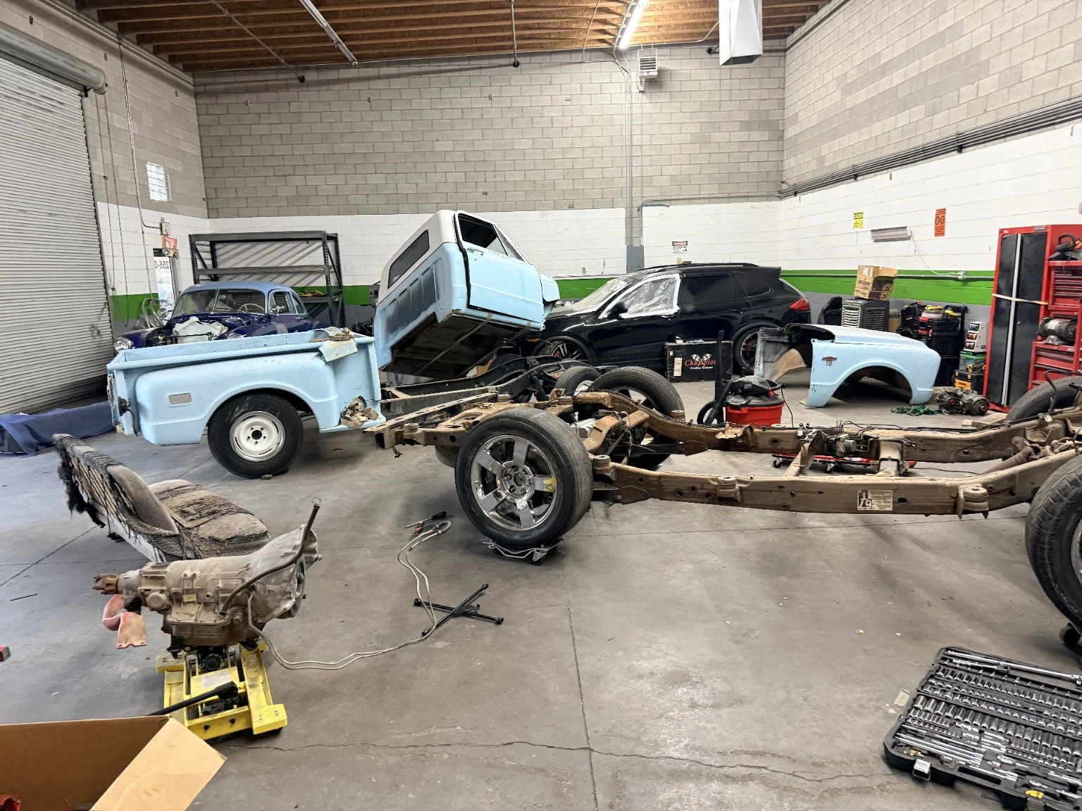 Hard Time C10 body-off build progress inside the shop