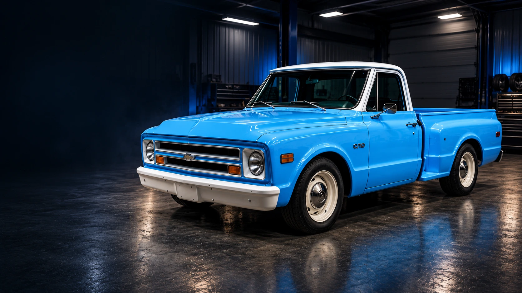Concept artwork of Hard Time C10 with a complete pickup body and bed, Riviera Blue body and Super White roof, in an imagined garage. Build in Progress.